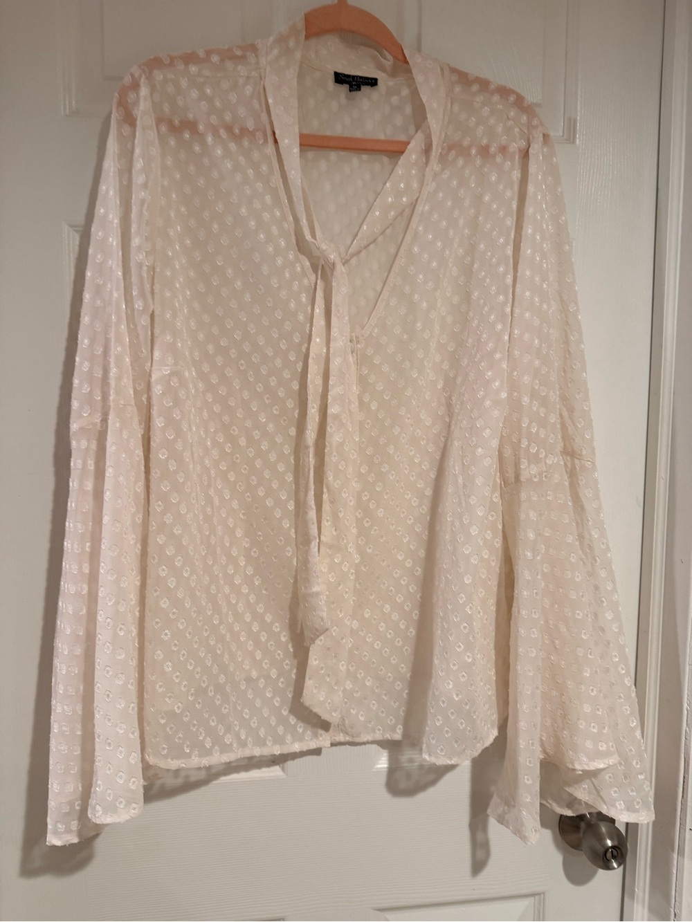 Light Cream Tie-Neck Blouse with Subtle Dot Texture